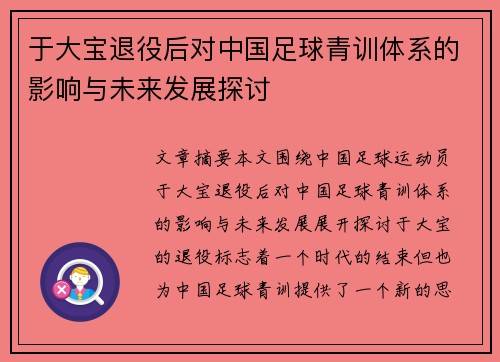 于大宝退役后对中国足球青训体系的影响与未来发展探讨